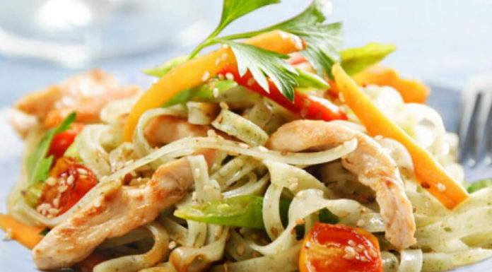 Рисовая лапша с куриной грудкой и овощами